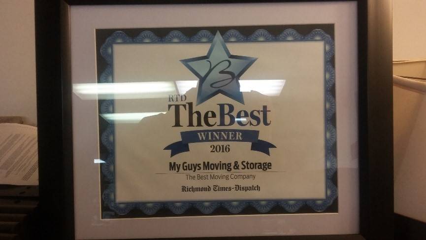 A Framed BEST OF Richmond Times Dispatch 2016 Winner Plaque