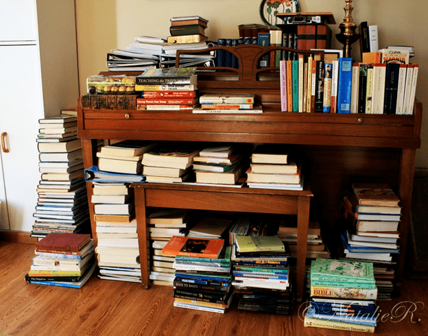 A good used bookstore is comfortably cluttered. But this is a piano acting as a bookshelf. Time to declutter.