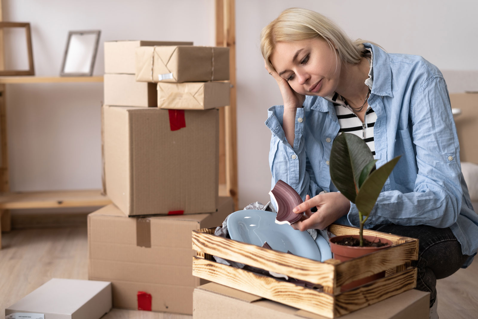 Woman looking at damaged items while attempting to move herself